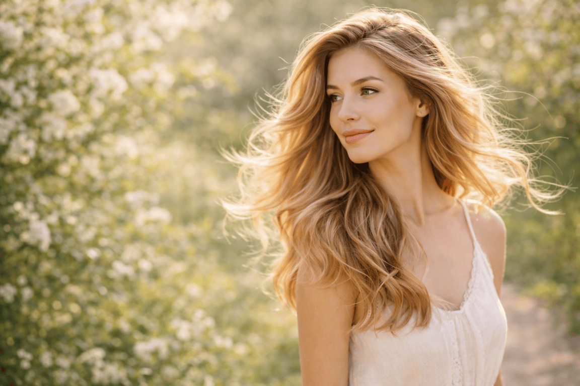 woman with soft, lightweight hair in natural spring sunlight